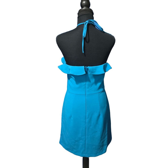 French Connection Size 4 Turquoise Halter Cocktail Dress Ruffle Euro Summer Chic - Picture 3 of 7